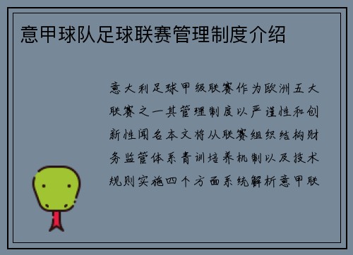 意甲球队足球联赛管理制度介绍